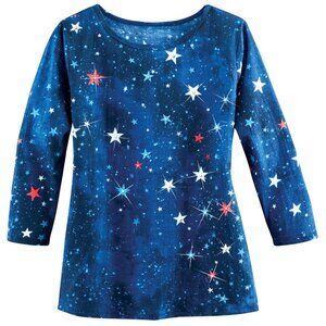 New XXL Deep Blue Sparkling Sequin Cascading Stars 3/4 Sleeves Knit Top